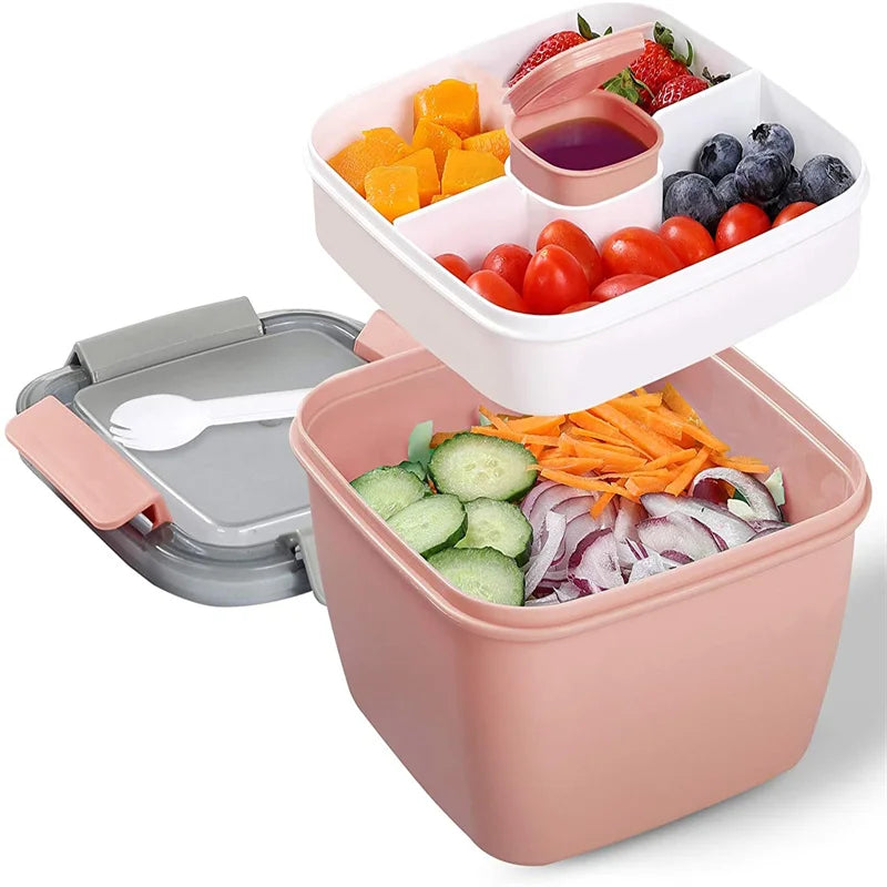 38 oz (1.12 L) Portable Salad Lunch Bowl - 3-Compartment Leakproof Bento Box with Dressing Cup & Utensil