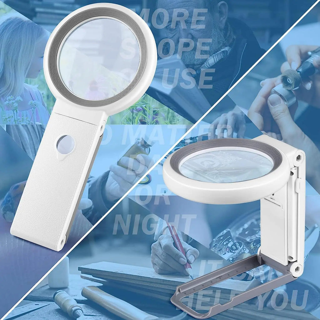 10X / 30X LED Magnifying Glass with 18 LEDs and Stand - Folding Handheld Illuminated Magnifier for Reading, Jewelry & Coins