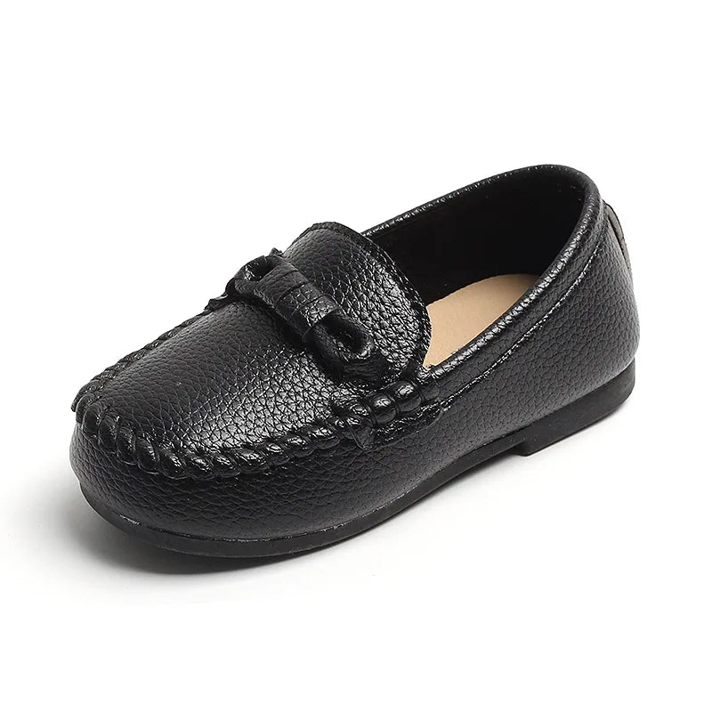 Kids Black & White PU Leather Slip-On Loafers — Formal School Party Moccasins (EU 21-30)