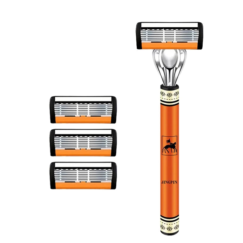 6-Layer Stainless Steel Safety Razor Set for Men - Replaceable Blade Head, Manual Shaving
