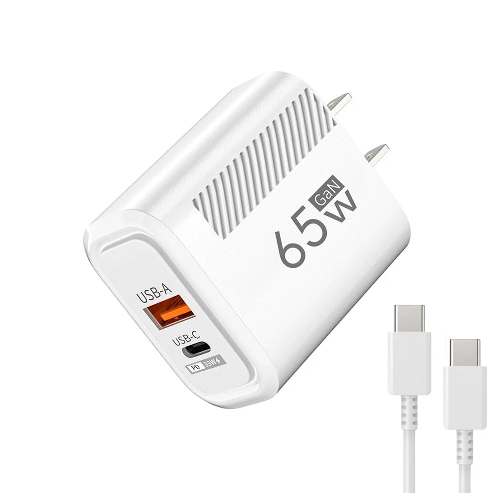 65W GaN 2-Port USB-C PD & QC3.0 Fast Charger - USB-A + USB-C Wall Adapter, EU/US Plug for Smartphones