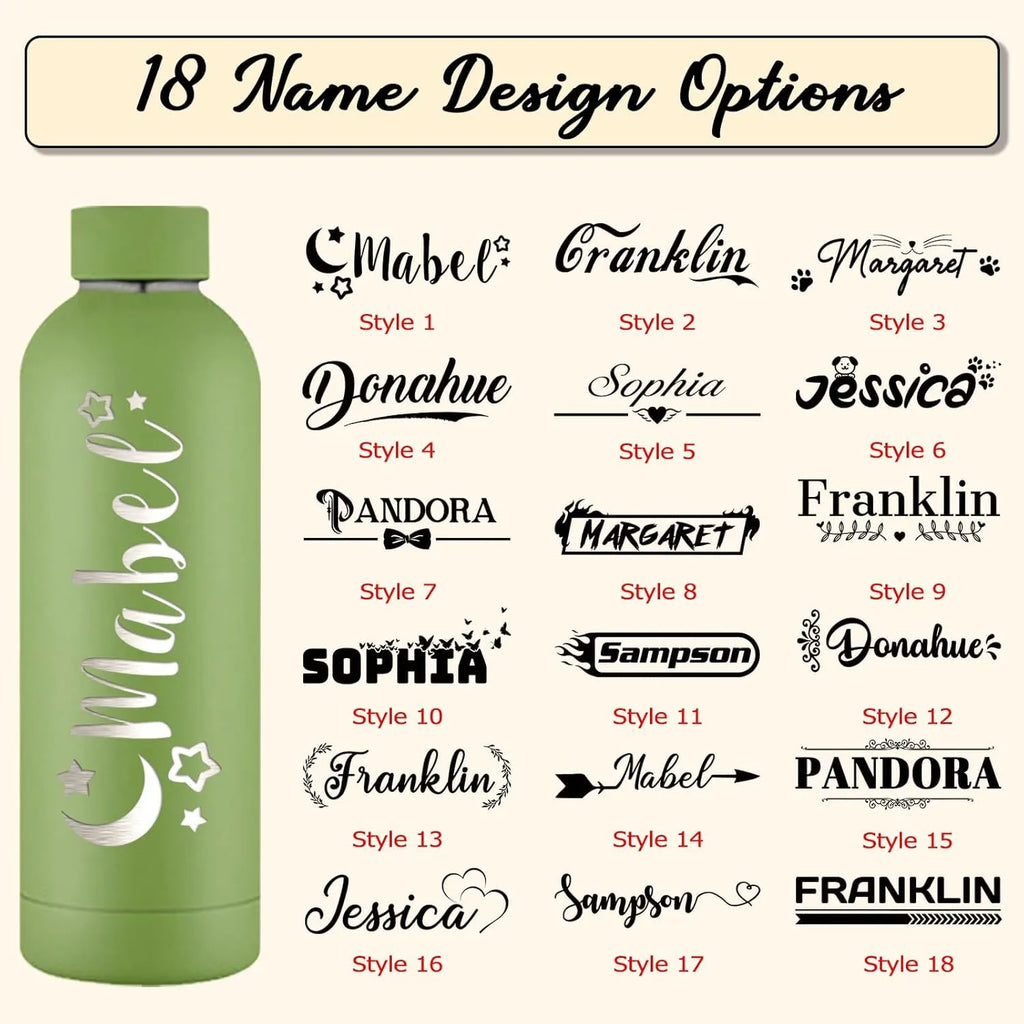 Personalized Stainless Steel Vacuum Water Bottle 17oz (500ml), Custom Name Laser Engraved Sports Tumbler