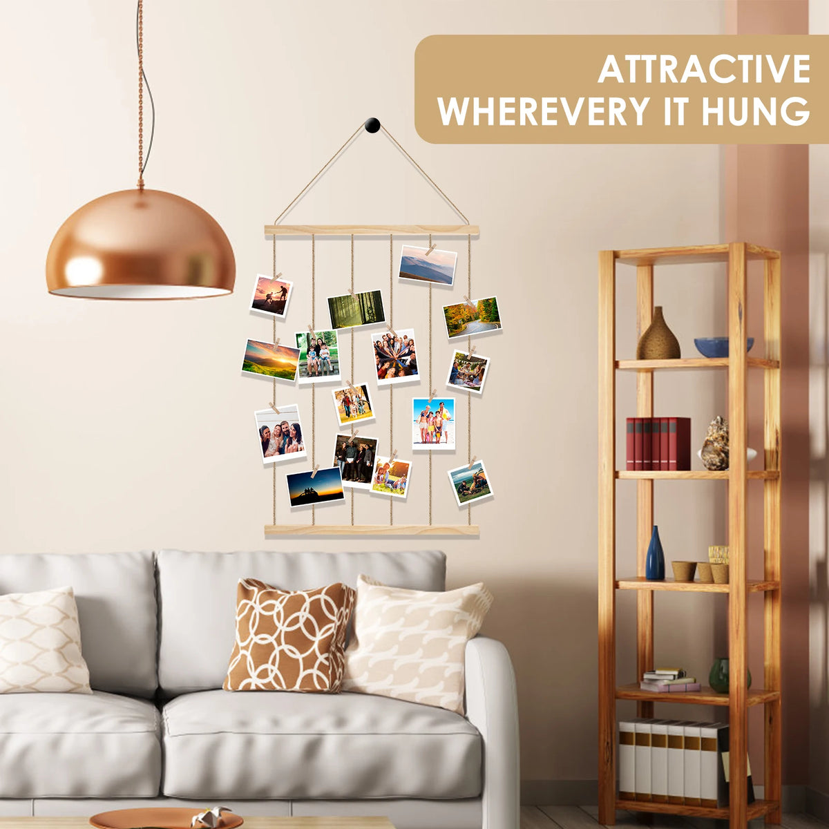 Wooden Hanging Photo Collage Frame with 30 Clips – Wall Photo Display, Approx. 50 cm x 95 cm (19.7 in x 37.4 in)