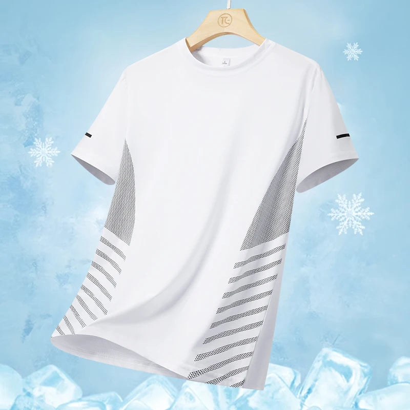 Men's Running T-Shirt Ice Silk Quick-Dry Breathable Mesh Short Sleeve Athletic Tee with Reflective Print