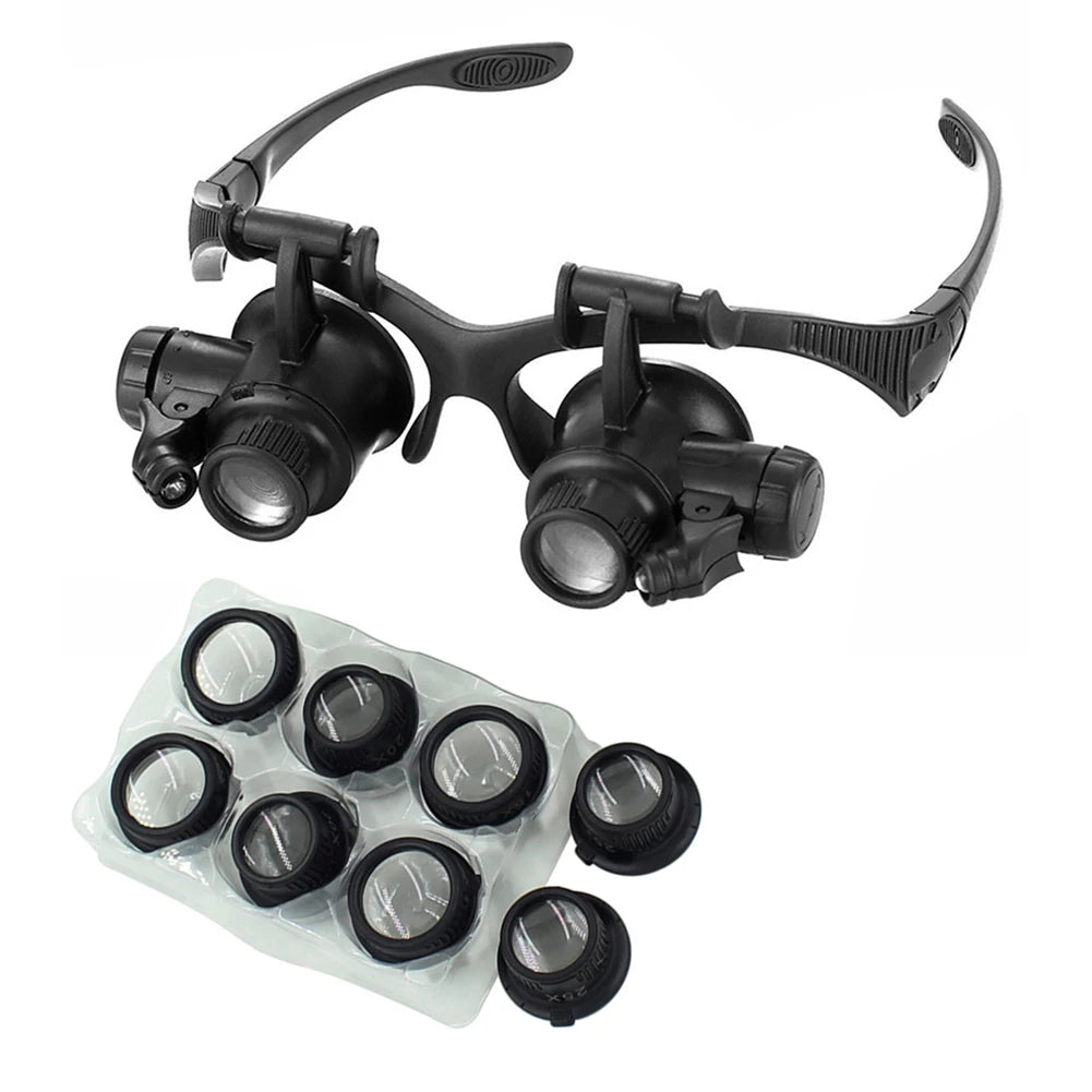Adjustable LED Headband Magnifier with 10x/15x/20x/25x Interchangeable Lenses — Hands-Free Magnifier for Jewelry Repair, Watchmaking and Reading