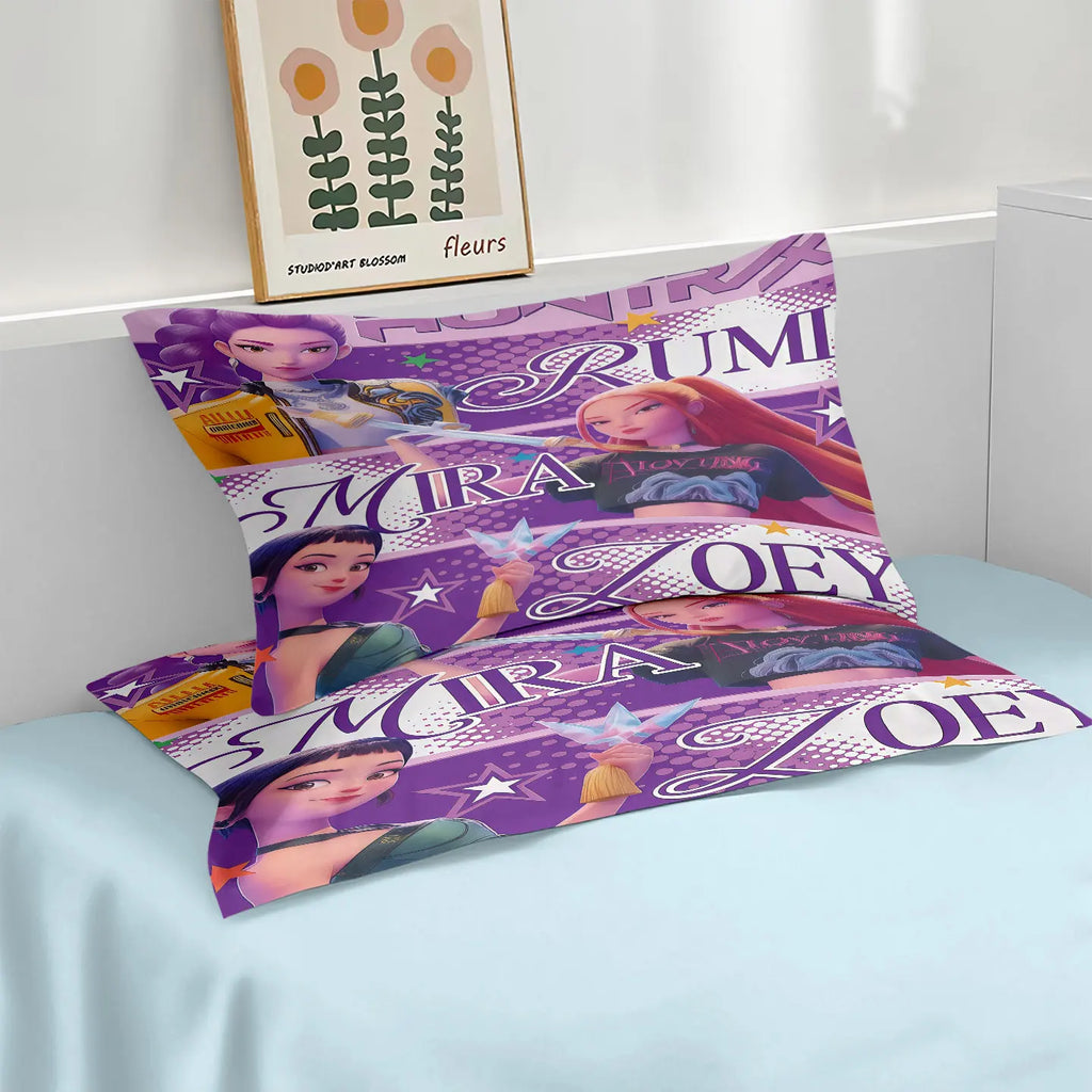 3-Piece K-Pop Cartoon Demon Hunters Girl Group Print Duvet Cover Set, Soft Microfiber, Machine Washable — Multiple Sizes 1.0–2.8m (39–110 in / 3.3–9 ft)