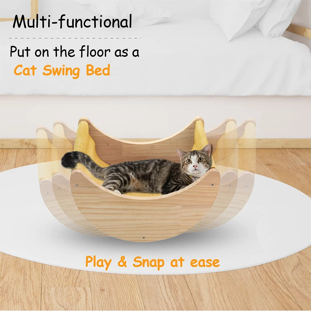 Moon-Shaped Wall-Mounted Cat Shelf & Hammock - Solid Pine Wood Climbing Shelves with Ladder Perches for Indoor Cats