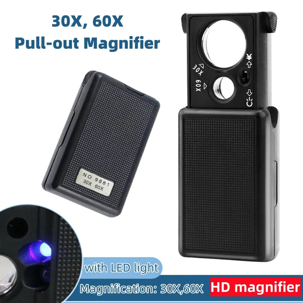 30X/60X Jewelry Magnifier with LED & UV Detector – Mini Handheld Magnifying Glass for Coins, Currency & Gems
