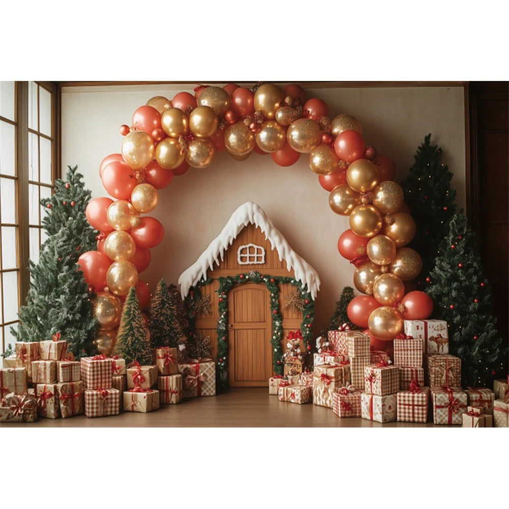 Christmas Fireplace Photography Backdrop — Gingerbread House & Wooden Window Holiday Photo Background for Kids & Family