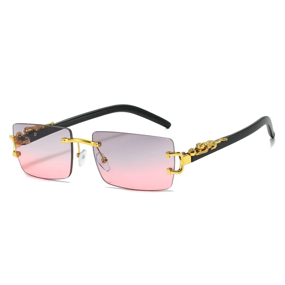 Rimless Rectangular Sunglasses with Cheetah Accent, UV400 Sun Protection, Unisex