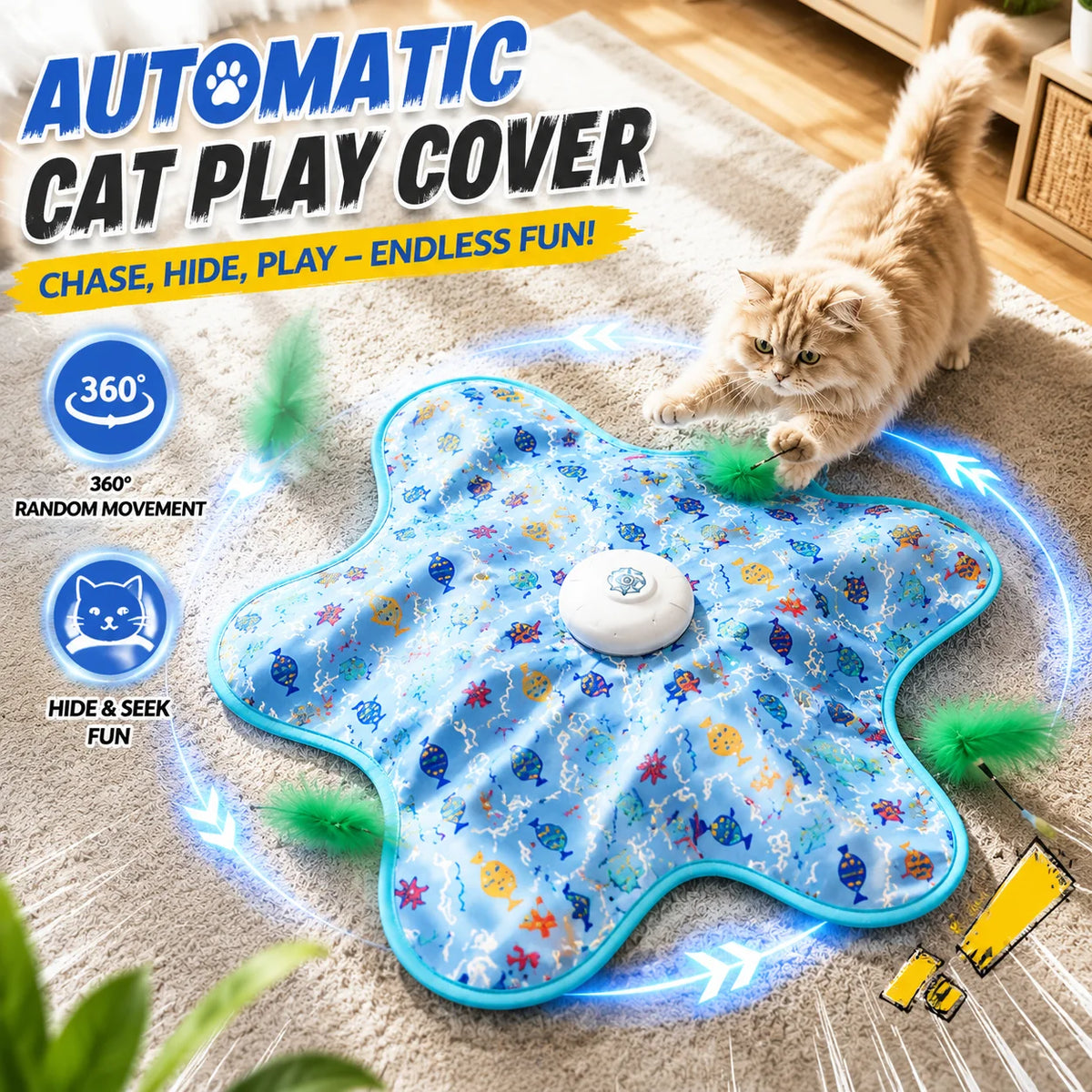 Interactive Electric Cat Toy Mat 65 x 65 cm (25.6 x 25.6 in) – 360° Random-Movement Feather Teaser Hide-and-Seek Automatic Hunting Toy
