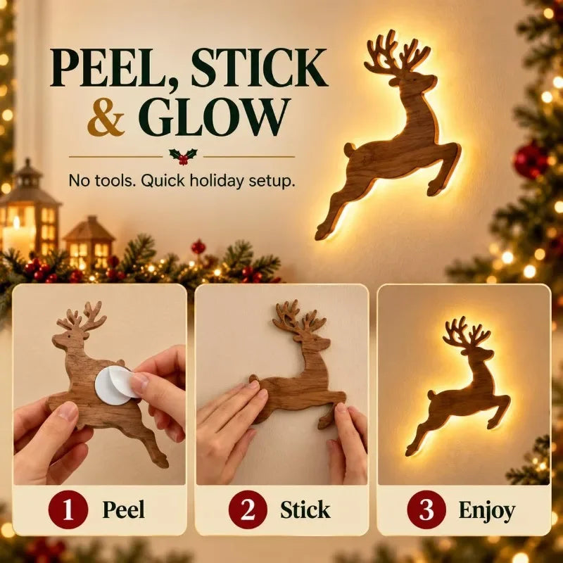 LED Light-Up Wooden Reindeer & Santa Sleigh Wall Decor with Remote — Battery Powered Christmas Wall Stickers
