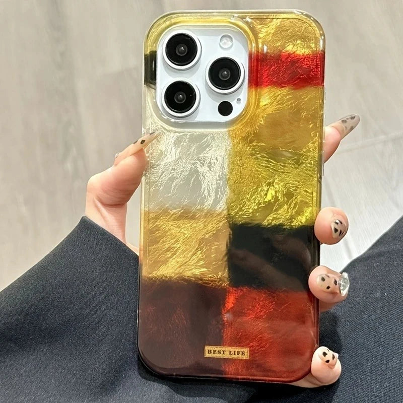 Dopamine Colorblock Plaid Full-Coverage Shockproof Phone Case – Patterned Protective Cover