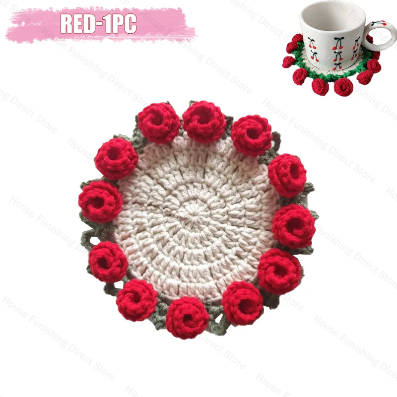Handmade Crochet Rose Coaster, Heat-Resistant Table Mat for Valentine's Day, Romantic Wedding Gift
