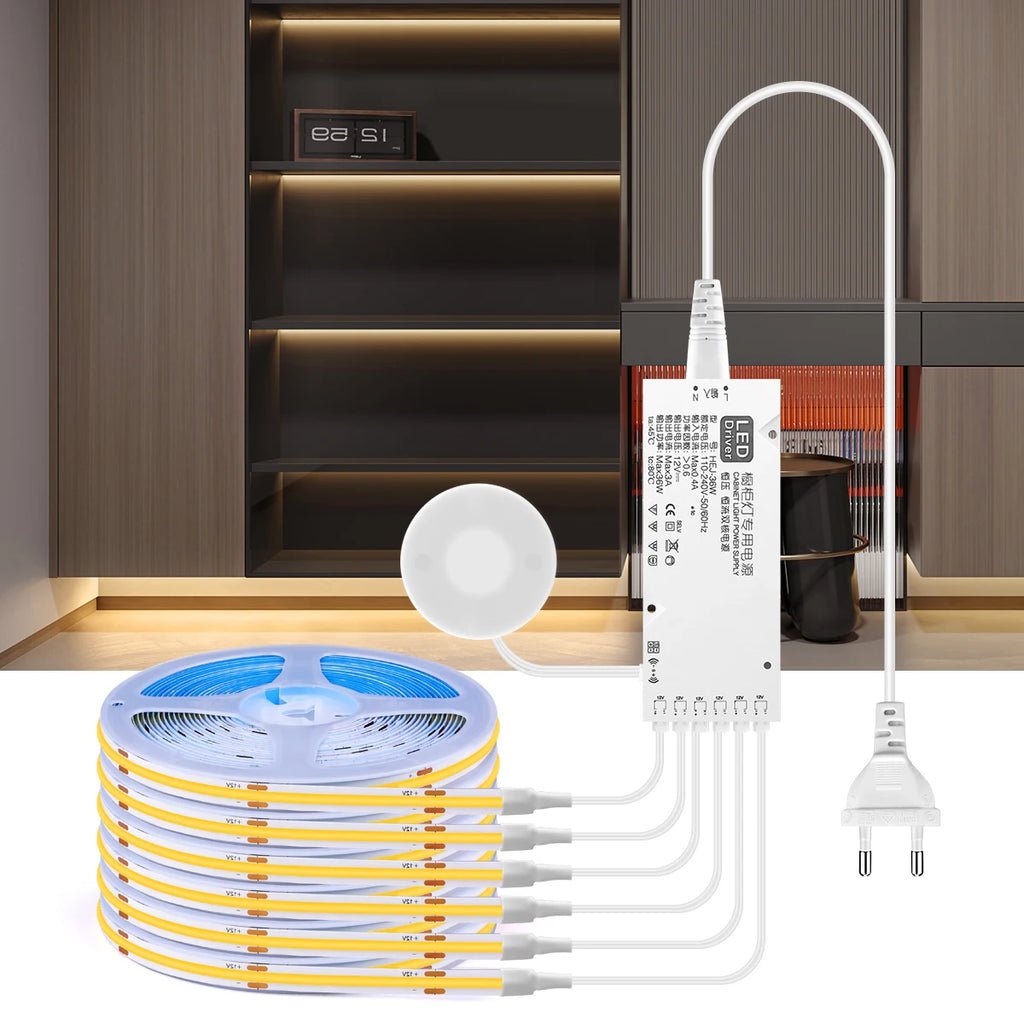 COB LED Strip Light with Penetrable Touch Dimmer – Waterproof 12V Cabinet & Closet Lighting, 1m/2m/3m/5m (39/79/118/197 in), 320 LEDs/m, Warm/Neutral/Cool