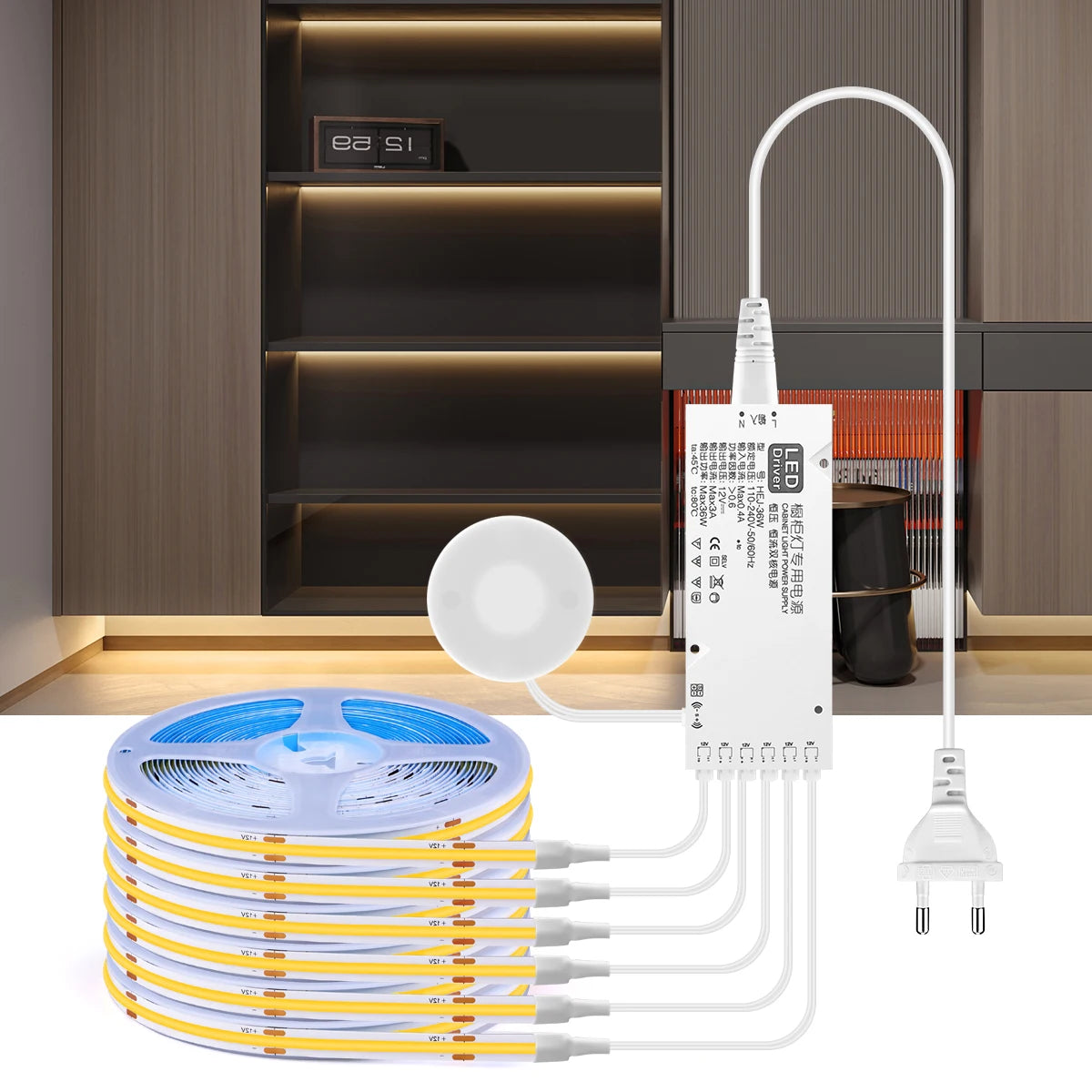 COB LED Strip Light with Penetrable Touch Dimmer – Waterproof 12V Cabinet & Closet Lighting, 1m/2m/3m/5m (39/79/118/197 in), 320 LEDs/m, Warm/Neutral/Cool