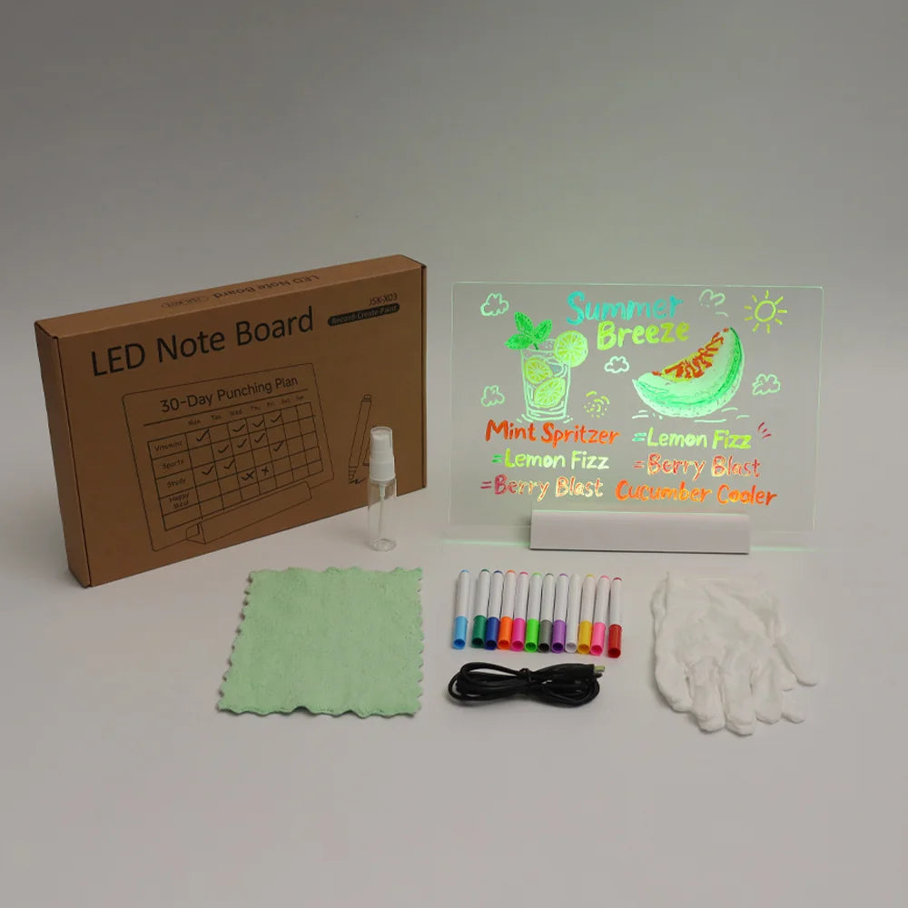 LED Acrylic Message Board Night Light with 7 Color Pens - Erasable DIY Neon Note and Drawing Board for Kids