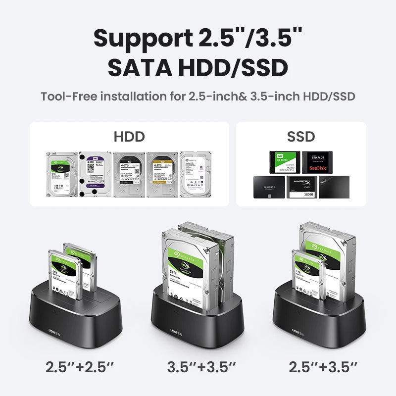 Dual-Bay SATA to USB 3.0 HDD Docking Station for 2.5"/3.5" SSD HDD Offline Clone Tool-Free