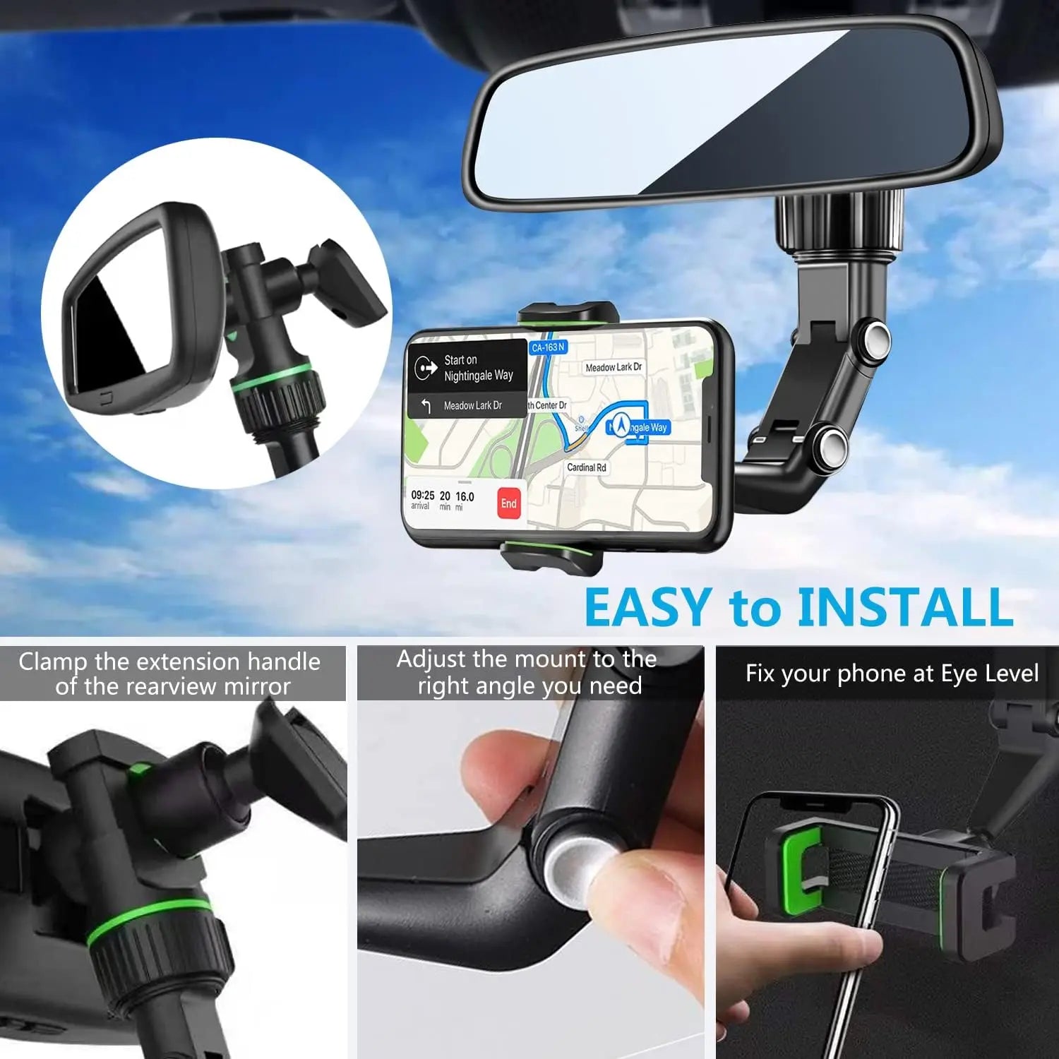 360° Rotating Rearview Mirror Phone Holder Retractable Car Phone Mount for All Vehicles