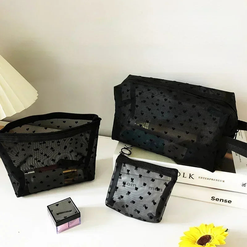 Heart-Shaped Mesh Cosmetic Bag - Zipper Toiletry Makeup Pouch for Women, Coin & Lipstick Organizer