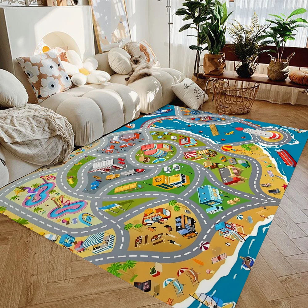 Kids Traffic Play Mat Rug — Non-Slip Highway Car Playmat for Boys & Girls, Flannel Play Rug for Playroom (40x60–120x160 cm / 16x24–47x63 in)