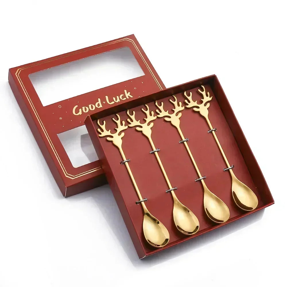 4-Piece Stainless Steel Christmas Cutlery Set – Spoon & Fork Holiday Table Decor with Elk & Tree Ornaments