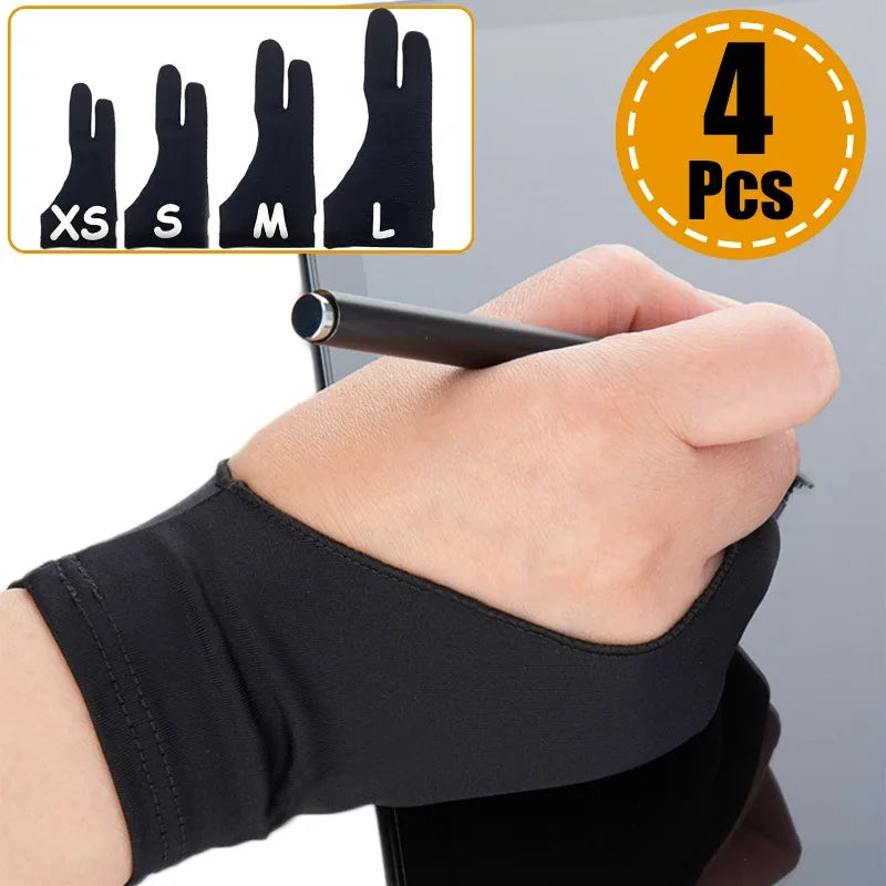 2-Finger Artist Drawing Glove for Tablet, Anti-Smudge Touchscreen Glove, Ambidextrous XS-S-M-L (14–18 x 19–22 cm / 5.5–7.1 x 7.5–8.7 in), 1/2/4-Pack