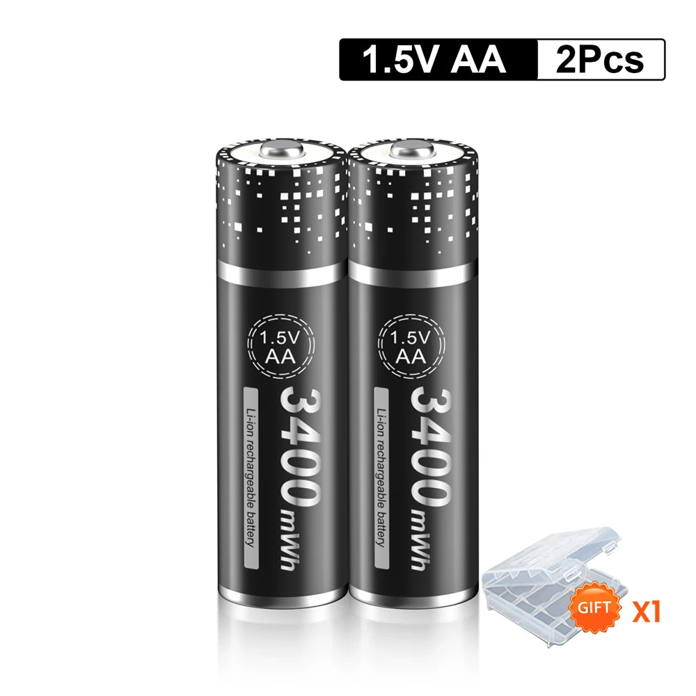 Rechargeable AA 1.5V Li-Ion Battery 3400 mWh (≈2267 mAh) Long-Lasting Power for Clocks, Wireless Mice and Toys