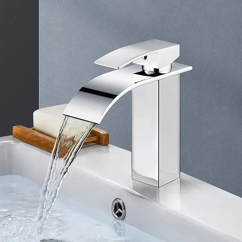 Black Waterfall Bathroom Basin Faucet – Stainless Steel Deck-Mounted High-Low Mixer Tap, Hot & Cold