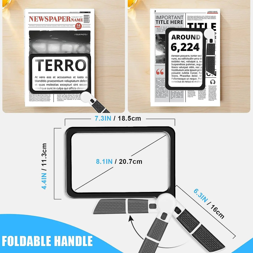 5X Rectangular LED Reading Magnifier - 48 LEDs, Dimmable Foldable Handheld, 7.3 x 4.4 in (18.5 x 11.2 cm) Large Lens for Seniors & Low Vision