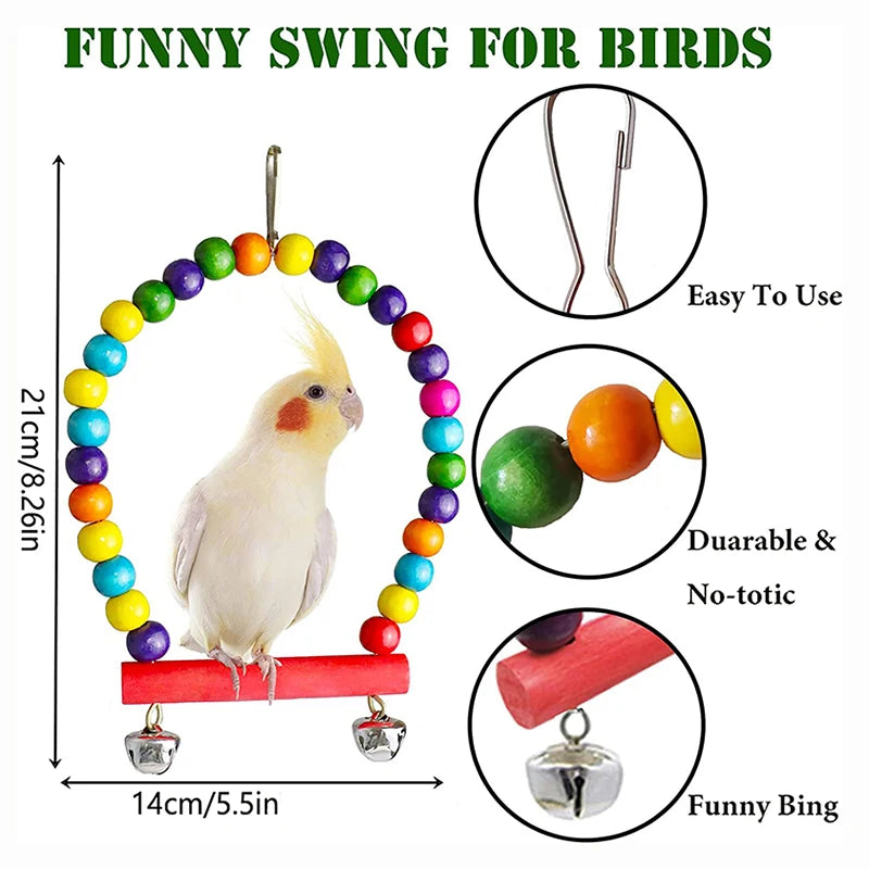 7-Piece Wooden Bird Cage Toys Set — Swing, Ladder, Chew Toys, Bridge & Bells for Parakeets & Small Parrots