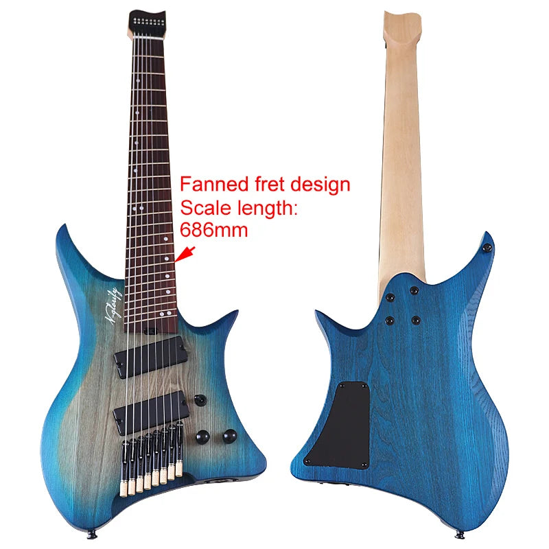 Fanned-Fret 8-String Headless Electric Guitar – Solid Ash Body, Maple Neck, Rosewood Fingerboard, 686mm (27") Scale, Matte Finish