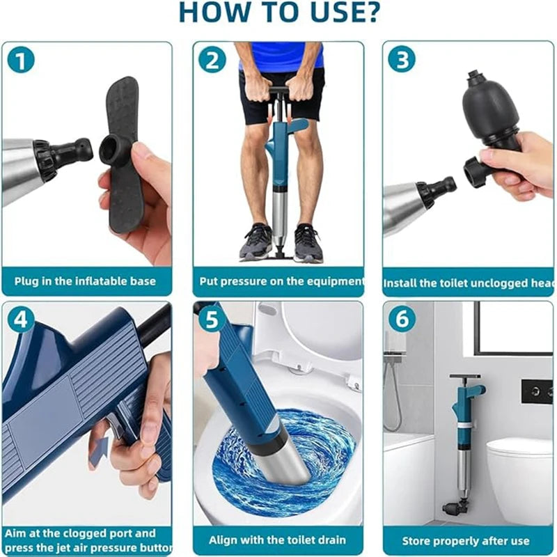 Stainless Steel Pneumatic Toilet Plunger & Air Drain Blaster - High-Pressure Pipe Unblocker Tool Set