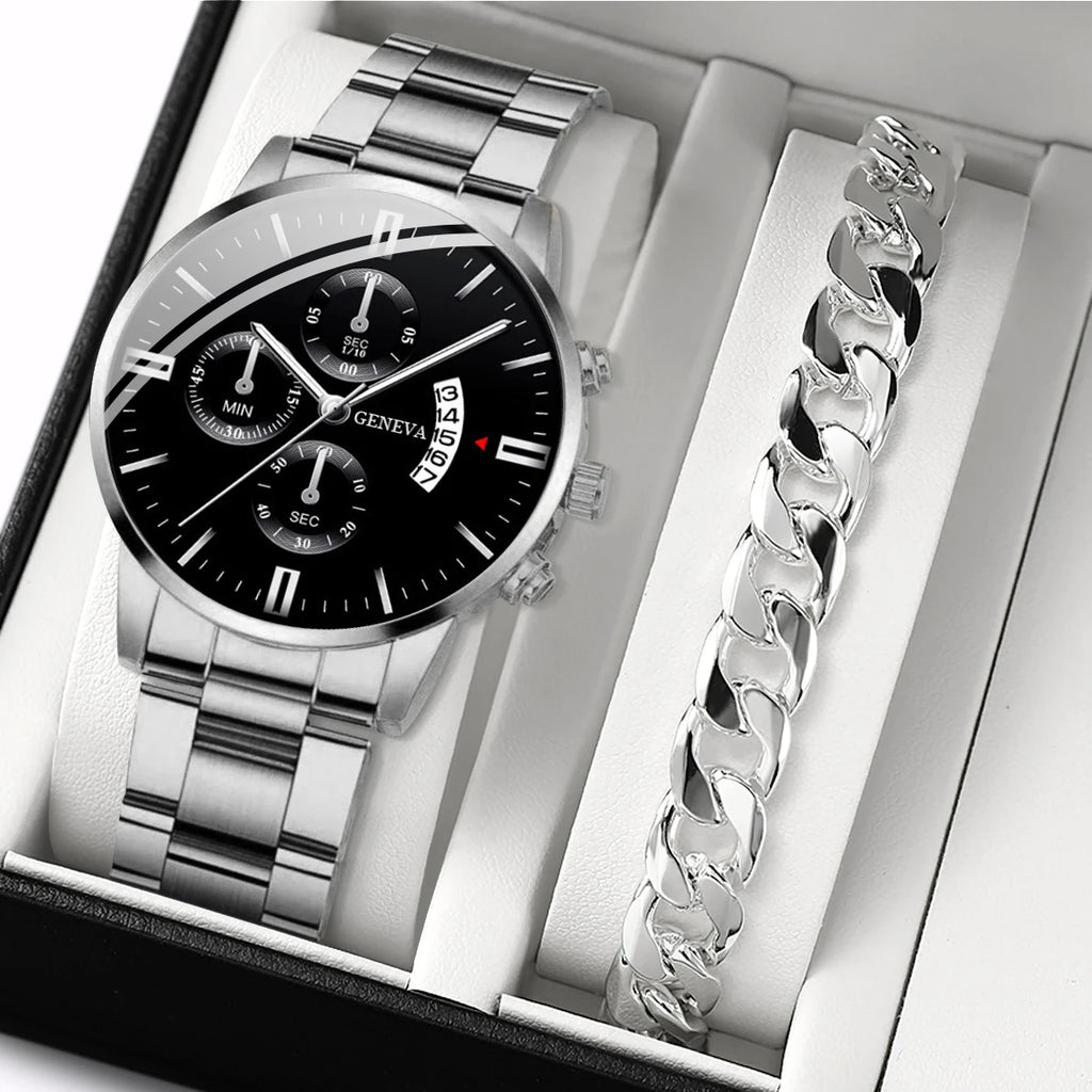 2-Piece Men's Business Quartz Watch and Bracelet Set - Alloy Steel Band, Calendar, Folding Clasp