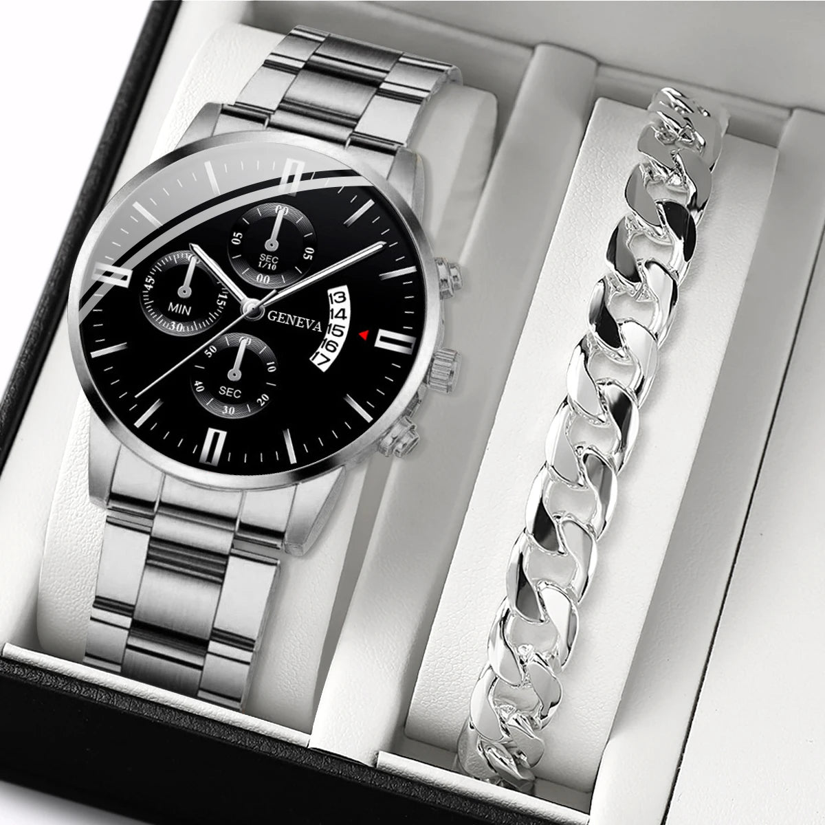 2-Piece Men's Business Quartz Watch and Bracelet Set - Alloy Steel Band, Calendar, Folding Clasp
