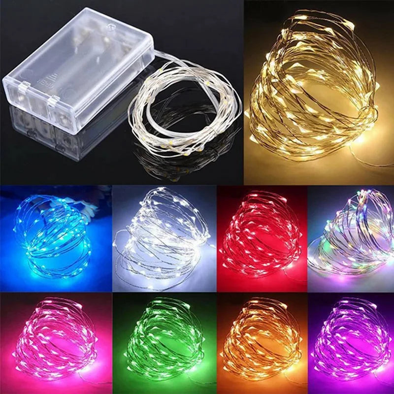 1-Pack Fairy LED Copper Wire String Lights — Battery Powered, 1/2/3/5/10M (3.3/6.6/9.8/16.4/32.8 ft) for Bedroom, Garden, Party and Wedding Decor