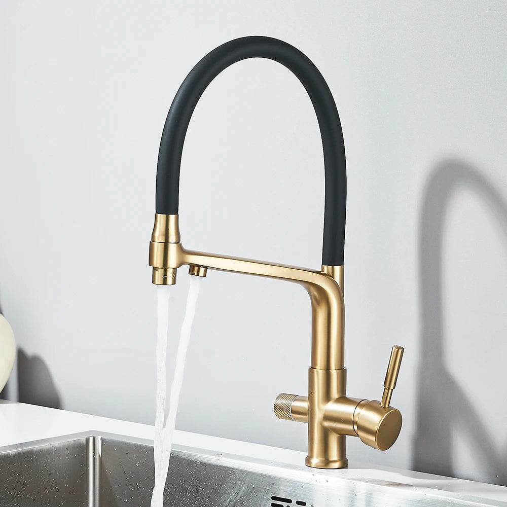 Brass Kitchen Water Filter Faucet Dual-Spout Mixer – 360° Swivel Filtered Drinking Tap, Hot & Cold