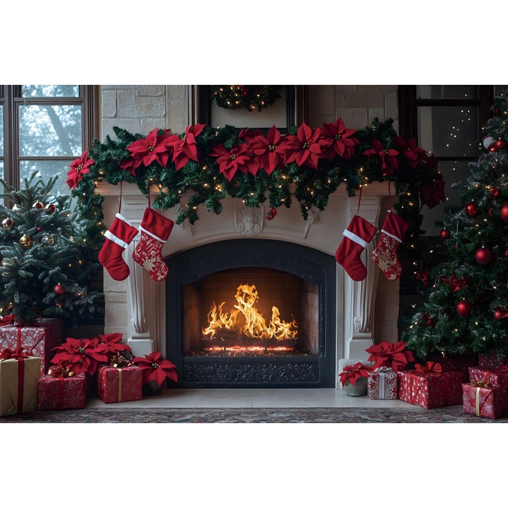 Christmas Photography Backdrop - Red Curtain & Window Scene with Snowy Bear and Gifts for Kids & Family Portraits
