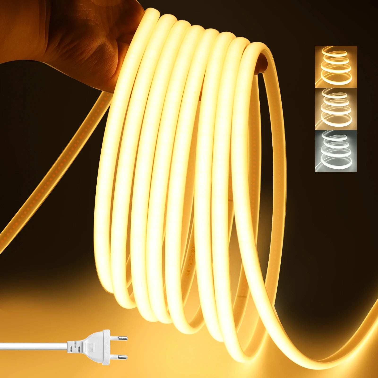 COB LED Strip Light 220-240V EU Dimmer Plug IP67 Waterproof Tape, 3000K/4000K/6000K, 288 LEDs/m