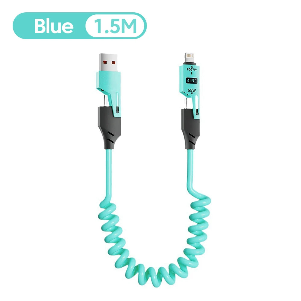 4-in-1 65W Telescopic Spring USB Cable – 6A Fast Charging & Data Sync (USB-C, Lightning, Micro USB)