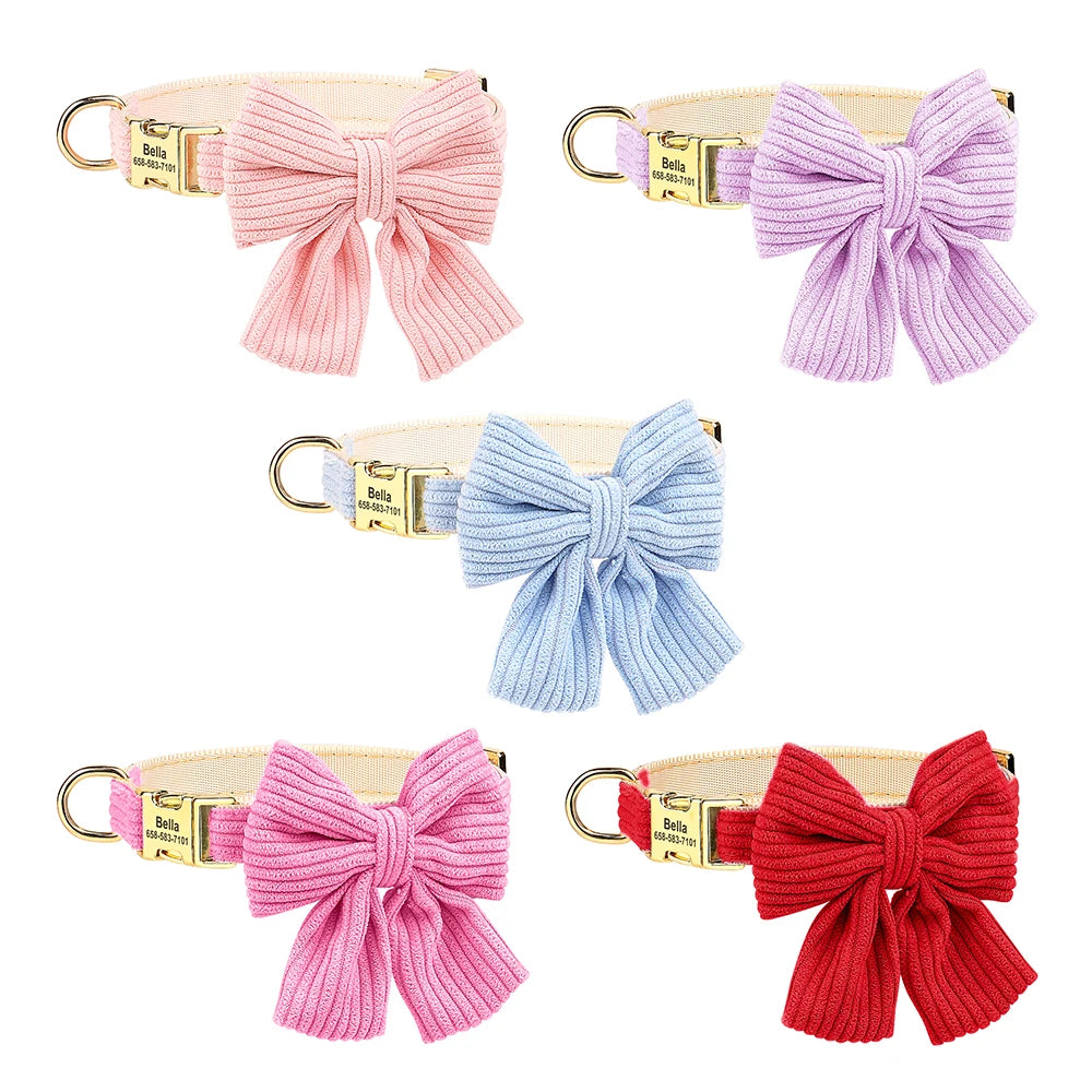Personalized Dog Collar with Large Bow Tie - Adjustable ID Collar with Free Engraving for Small, Medium, Large Dogs and Cats