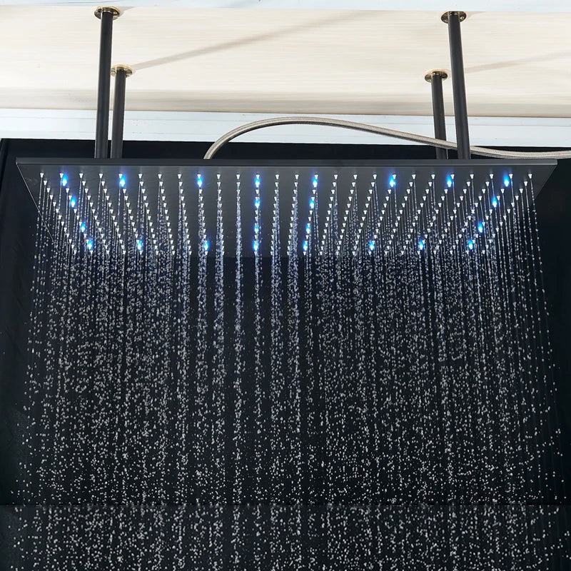 Big Black Thermostatic Ceiling-Mounted Rainfall Shower System with Hand Shower – Thermostatic Mixer Tap, 150 cm (59 in) Hose, 400+ mm (15.7+ in) Rain Head