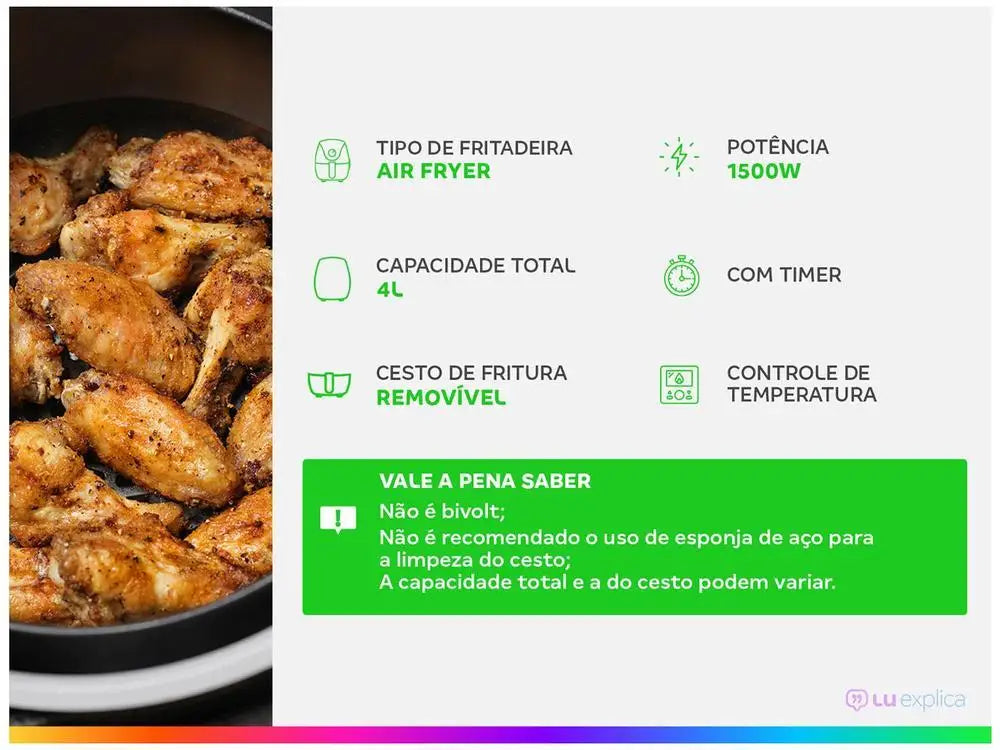 4L (4-Quart) Oil-Free Air Fryer, 1500W 220V, Square Non-Stick Basket, 80-200°C (176-392°F), 60-Min Timer