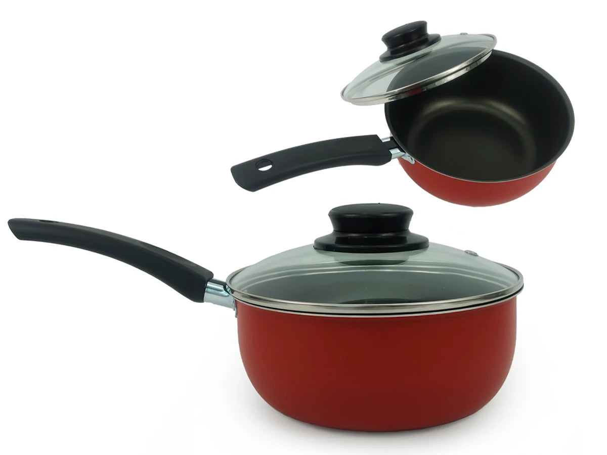 8-Piece Nonstick Aluminum Cookware Set with Tempered Glass Lids & Utensils, Red