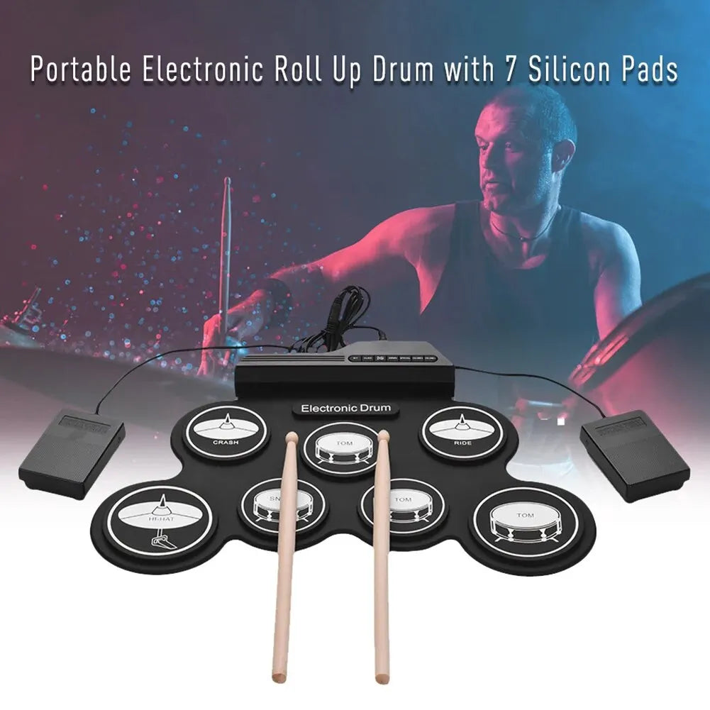 Portable Folding Silicone Electronic Drum Pad USB Hand-Roll Practice Kit with Drumsticks & Sustain Pedal