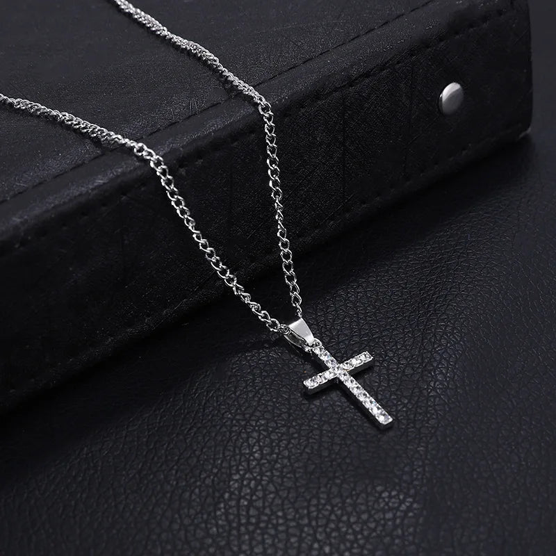 Zircon Cross Pendant Necklace – Rhinestone Hip Hop Pendant Chain, Unisex Fashion Jewelry