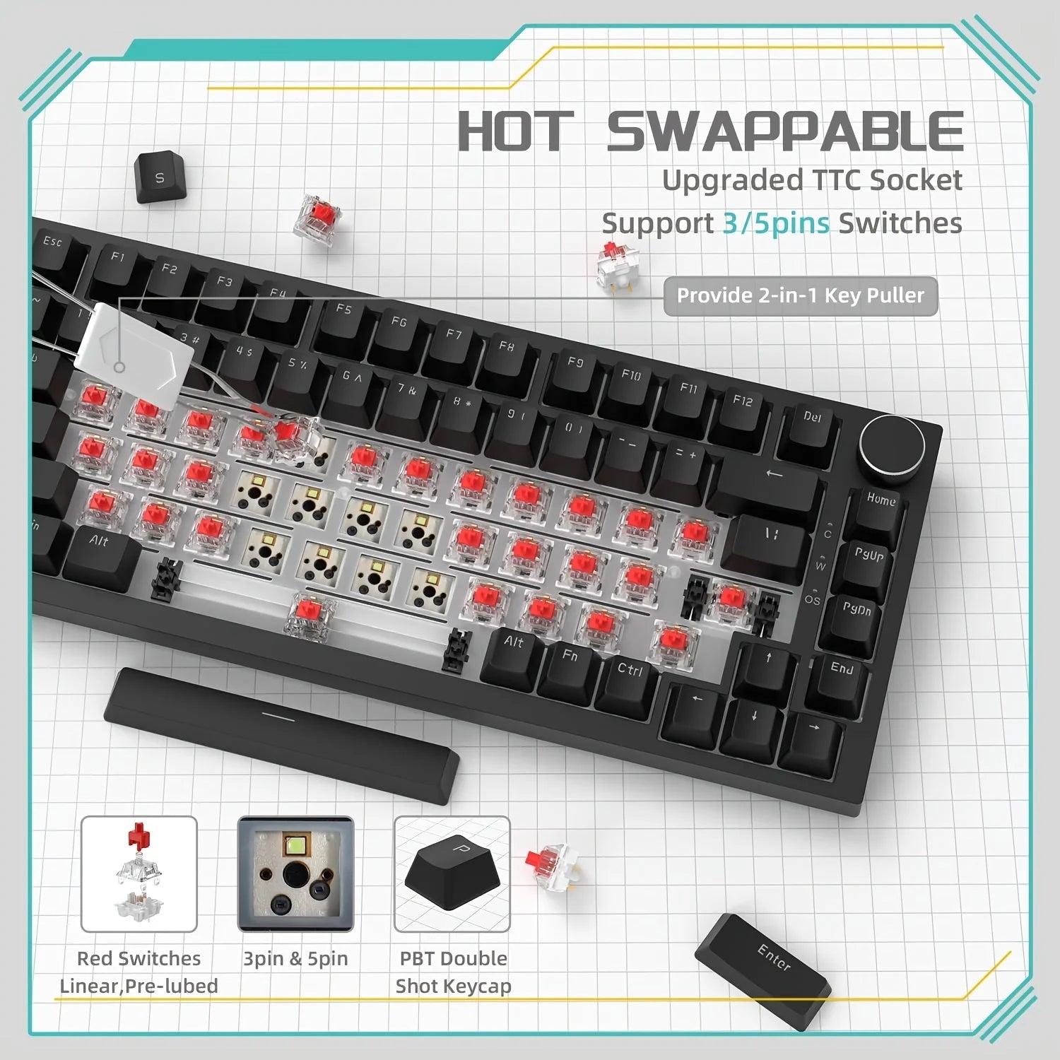 82-Key Hot-Swappable Mechanical Keyboard with Rotary Volume Knob, USB Wired & 2.4GHz Wireless, Monochrome Backlight