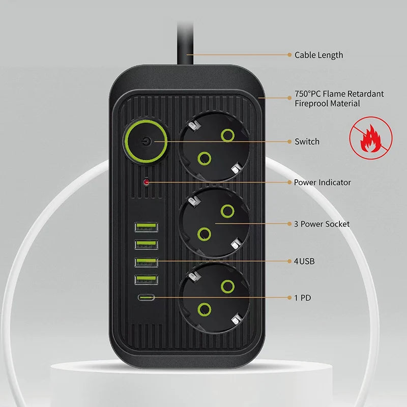 EU Power Strip 8 Outlets, 4 USB Fast Charging Ports, Overload Protection Extension Cord — 2m / 5m