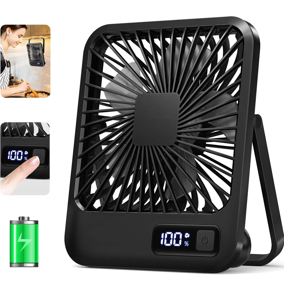 USB Rechargeable Portable Desk Fan — 180° Foldable Personal Table Fan, 5-Speed Quiet Fan with Battery Power Display