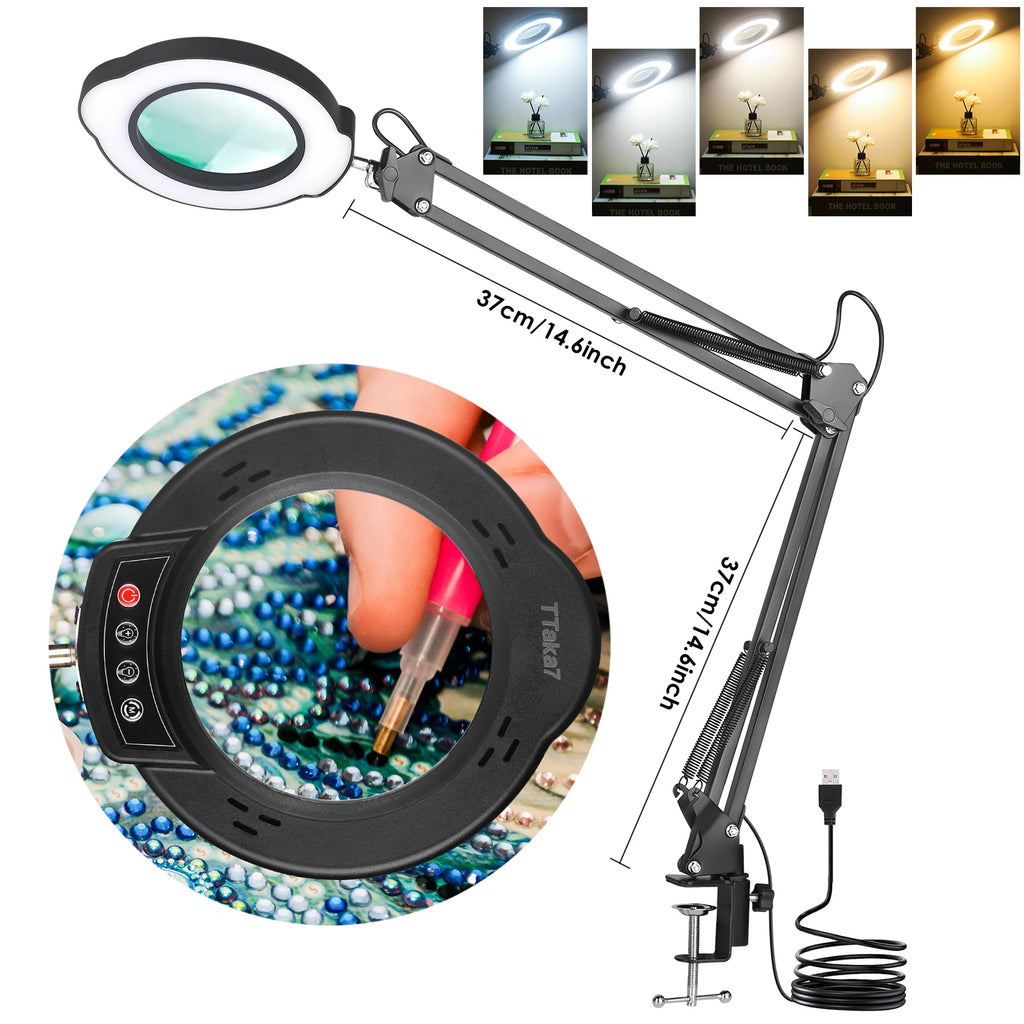 72-LED USB Magnifying Lamp 8X/10X 4.2in (106mm) Glass Lens Dimmable 3-Color LED Magnifier with Adjustable Arm & Clamp for Soldering Repair Crafts Beauty